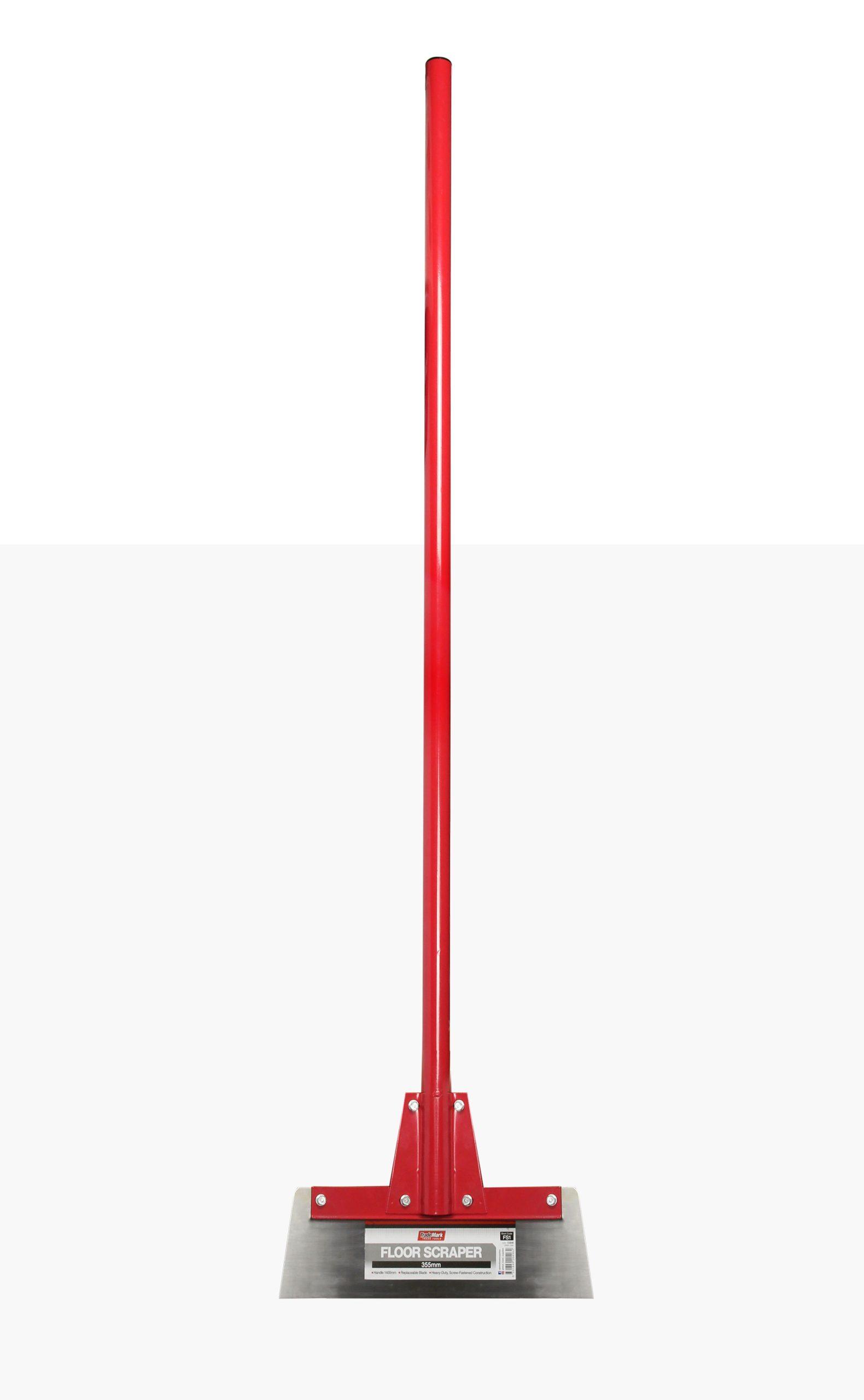 TradeMark floor scraper with red handle 355mm long standing upright on white background