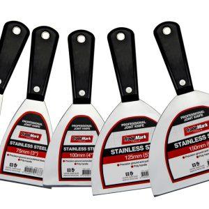 TradeMark joint knife poly handle in black with stainless steel ends on white background