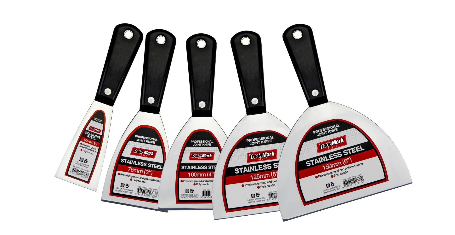 TradeMark joint knife poly handle in black with stainless steel ends on white background