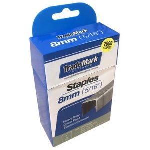 TradeMark 8mm staples in box with white background