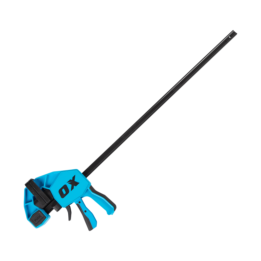 Ox Pro Tools Heavy Duty bar clamp in blue 600mm length on transparent background